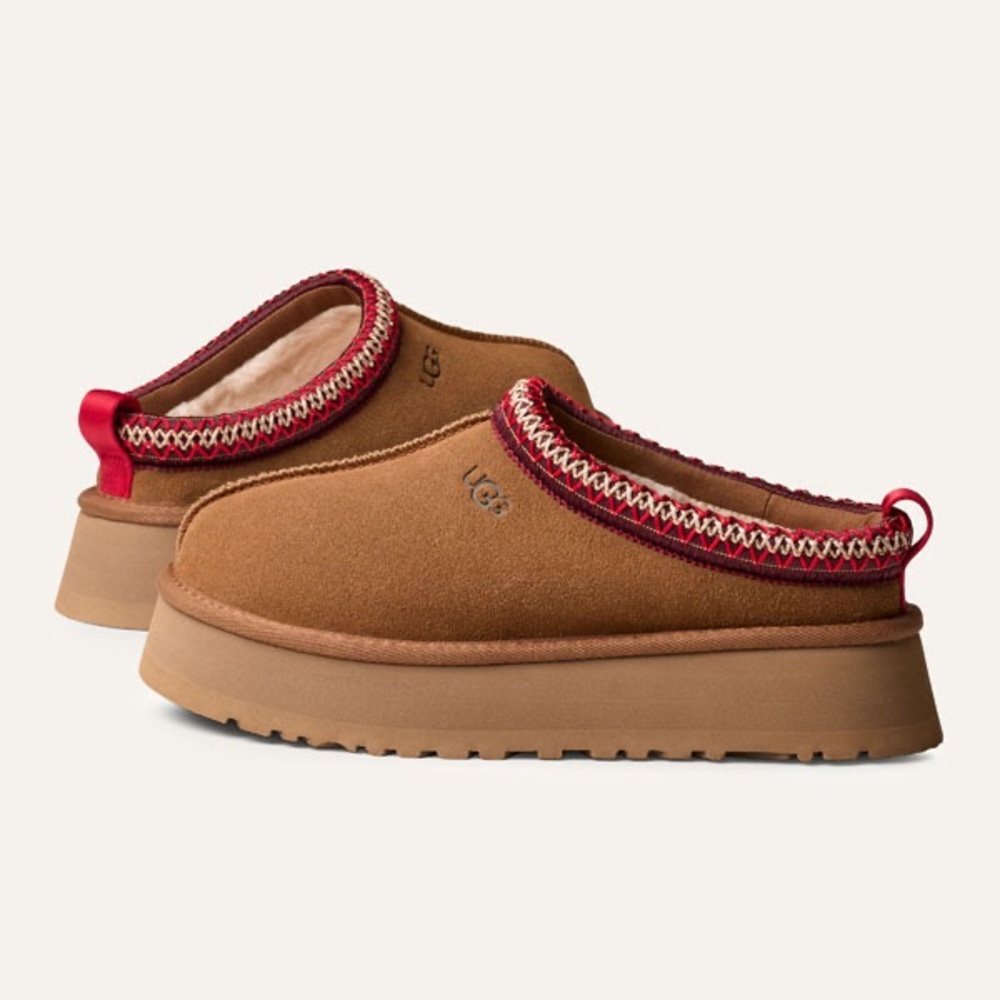 UGG Taz Brown Suede Platform Slippers with Red Trim